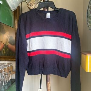 Striped Dark Blue Sweater with Red and White Accents